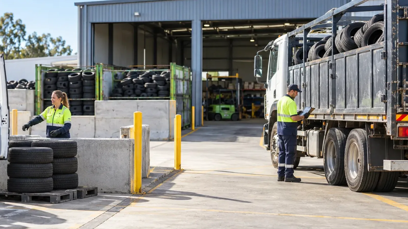 Commercial tyre collection truck being checked at an organised NSW recycling facility