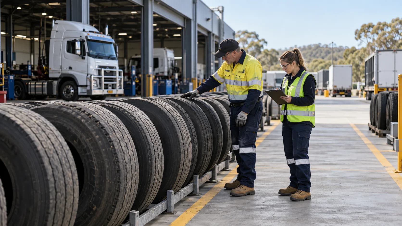 NSW fleet depot staff checking used truck tyres staged in an organised commercial collection area