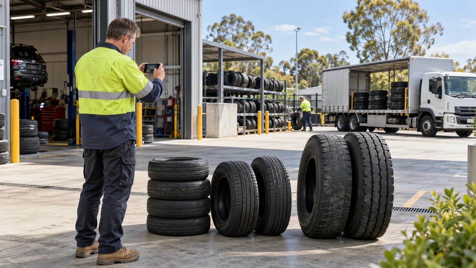 NSW workshop manager photographing and counting used tyres before requesting a commercial collection quote