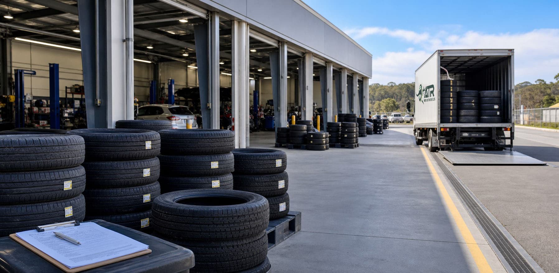 Multi-site dealership tyre collection workflow in NSW with neatly staged used tyres and a commercial pickup area
