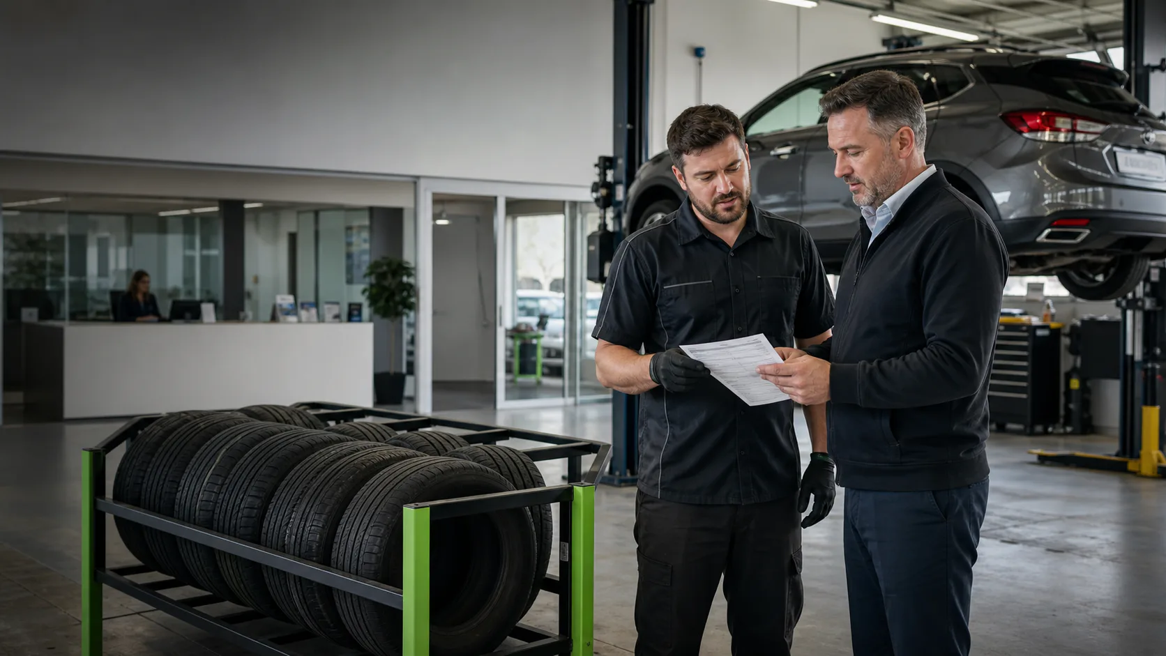 NSW dealership service manager reviewing a used tyre collection record beside an organised tyre staging rack
