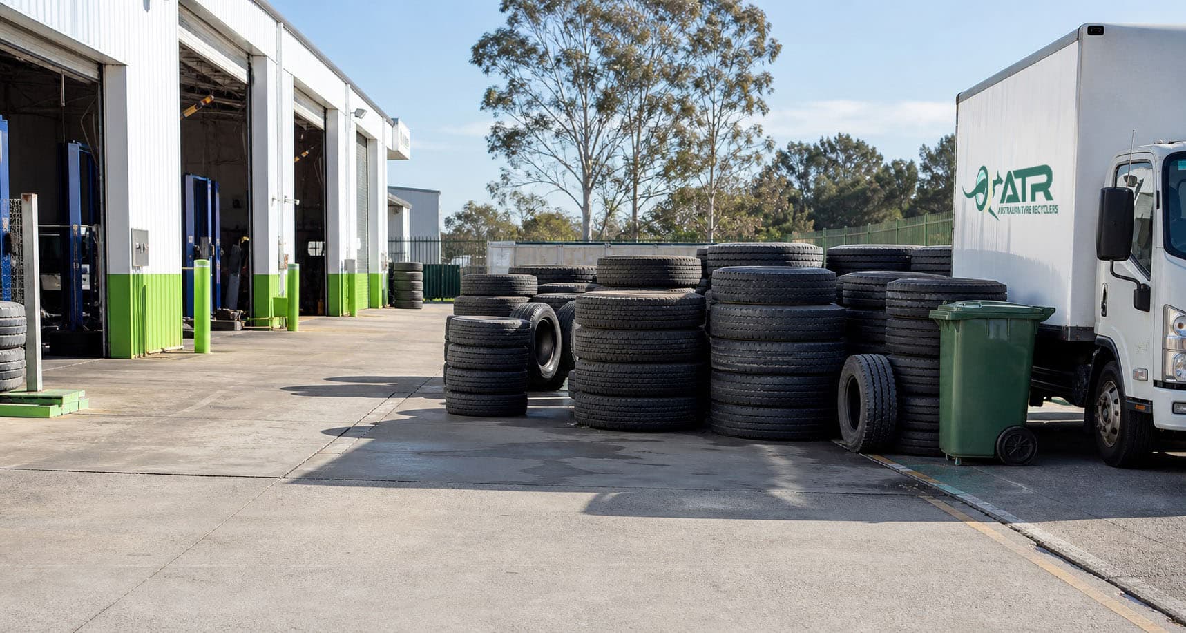 Organised used tyre collection area for a NSW commercial workshop starting a new financial year plan