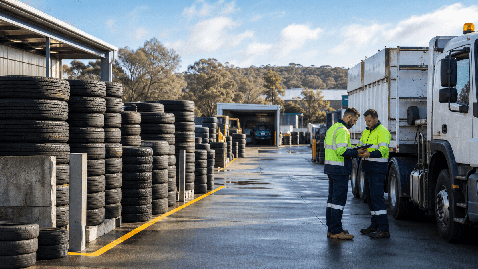 Organised used tyre collection area at a NSW commercial workshop preparing for spring pickup demand
