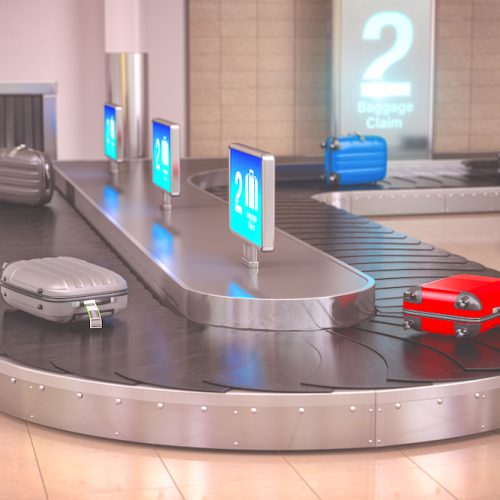 Suitcases on the airport luggage conveyor belt. Baggage claim. Airport terminal. 3d illustration